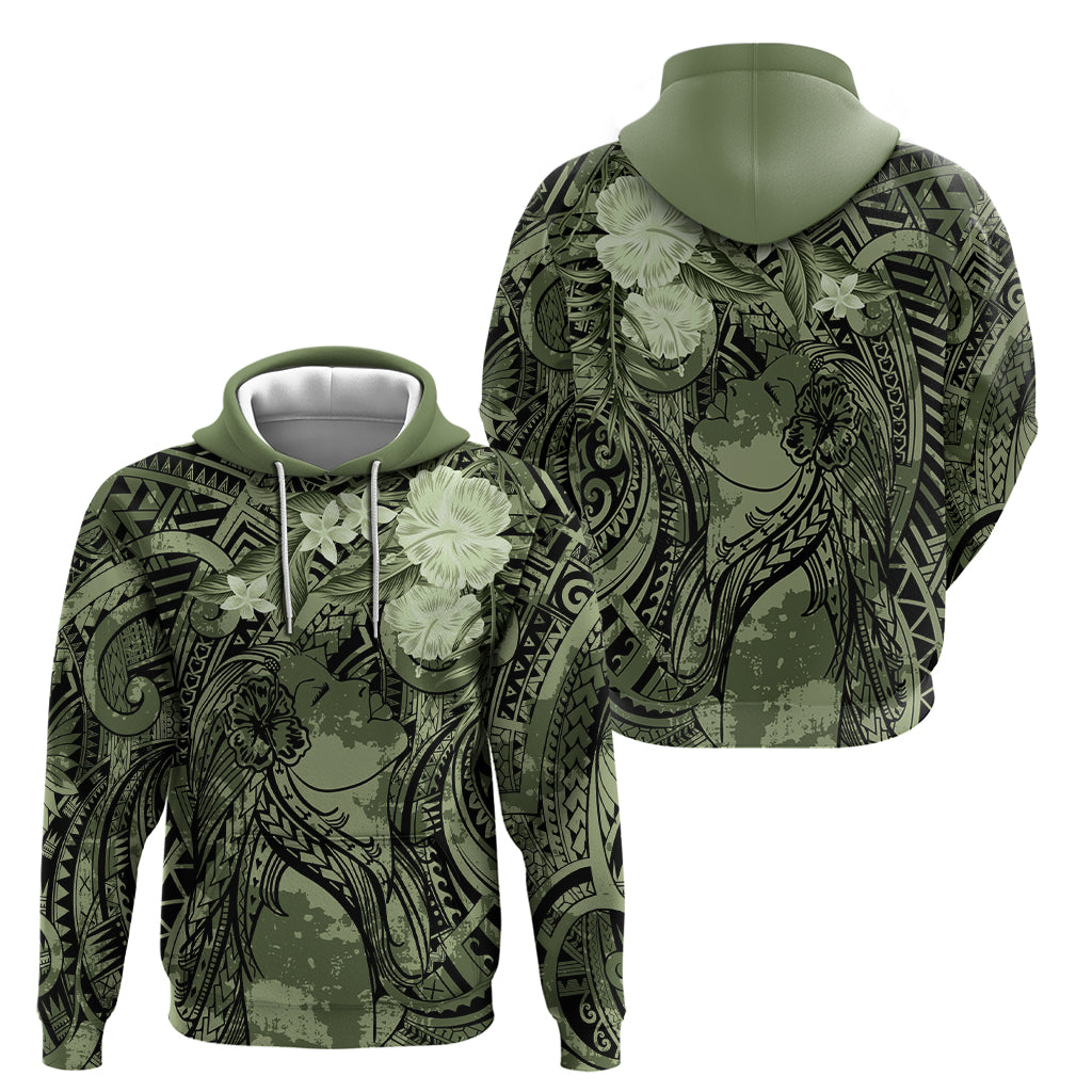 Pacific Beauty Girl Zip Hoodie Green Polyneisan Tribal Vintage Motif