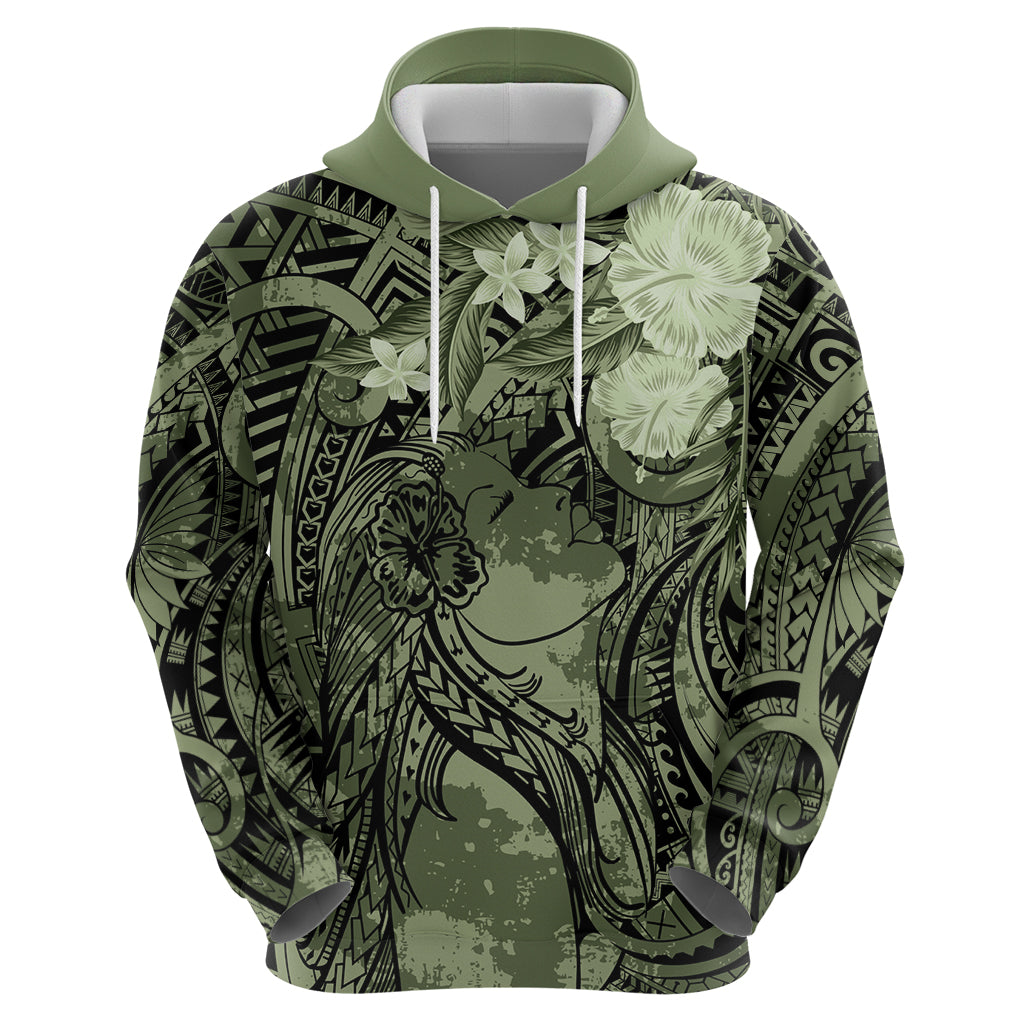 Pacific Beauty Girl Zip Hoodie Green Polyneisan Tribal Vintage Motif