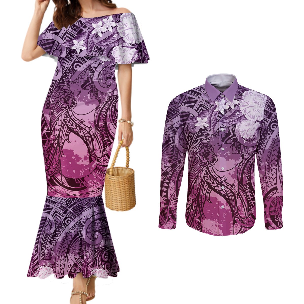 Pacific Beauty Girl Couples Matching Mermaid Dress and Long Sleeve Button Shirt Pink Polyneisan Tribal Vintage Motif