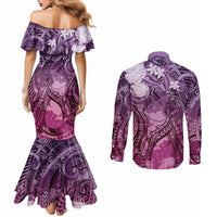 Pacific Beauty Girl Couples Matching Mermaid Dress and Long Sleeve Button Shirt Pink Polyneisan Tribal Vintage Motif