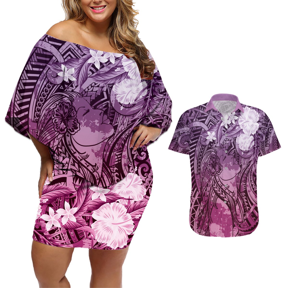 Pacific Beauty Girl Couples Matching Off Shoulder Short Dress and Hawaiian Shirt Pink Polyneisan Tribal Vintage Motif