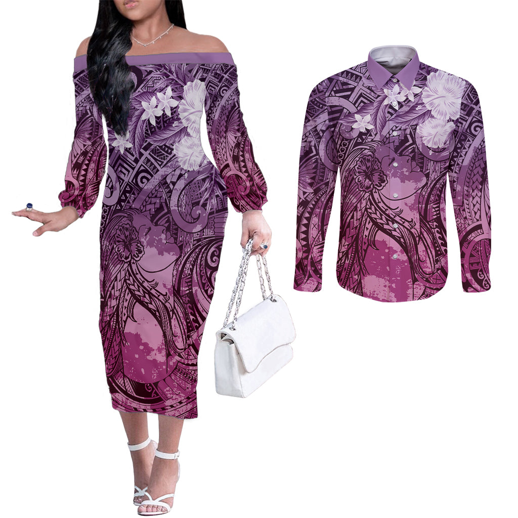 Pacific Beauty Girl Couples Matching Off The Shoulder Long Sleeve Dress and Long Sleeve Button Shirt Pink Polyneisan Tribal Vintage Motif