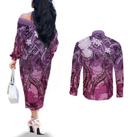 Pacific Beauty Girl Couples Matching Off The Shoulder Long Sleeve Dress and Long Sleeve Button Shirt Pink Polyneisan Tribal Vintage Motif