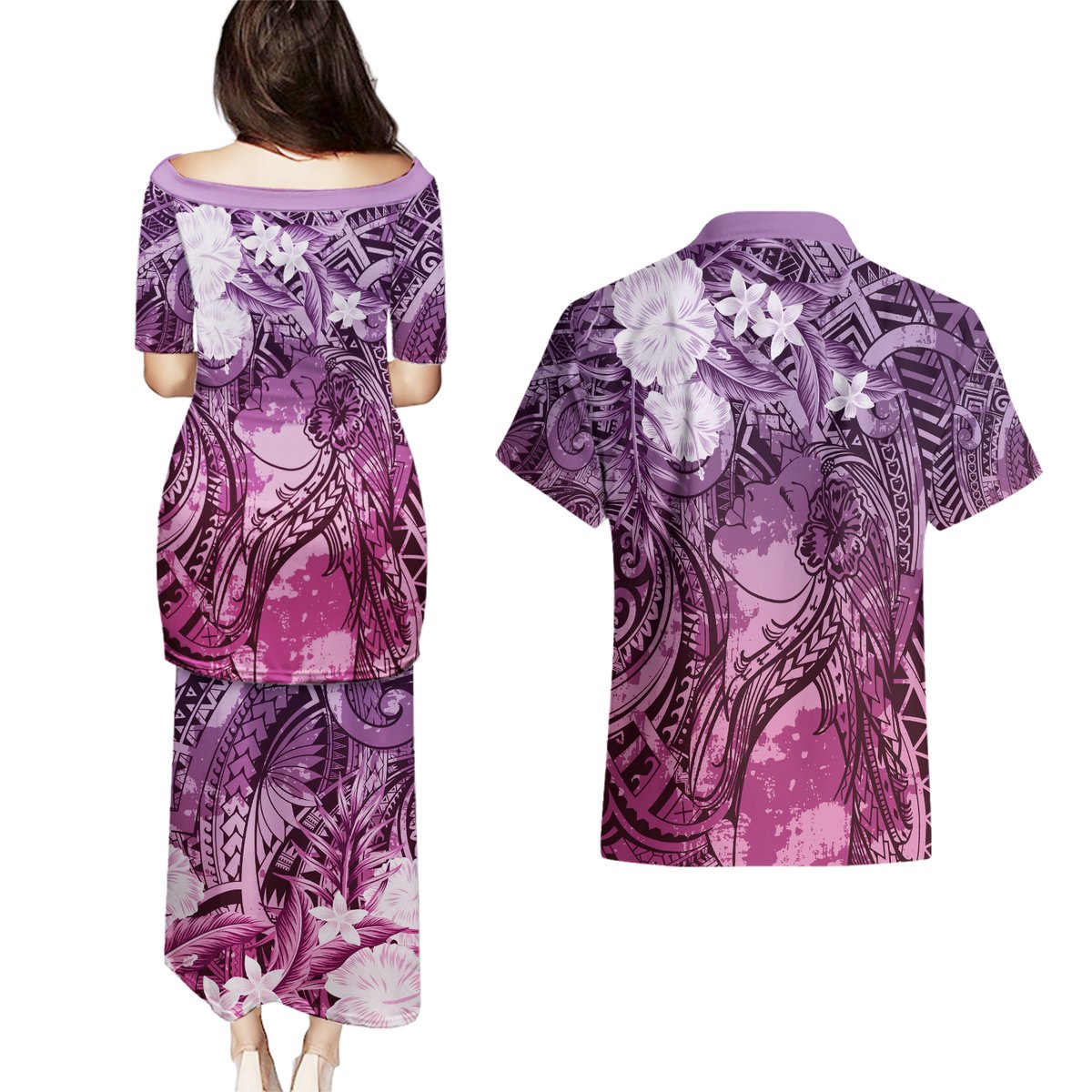 Pacific Beauty Girl Couples Matching Puletasi and Hawaiian Shirt Pink Polyneisan Tribal Vintage Motif