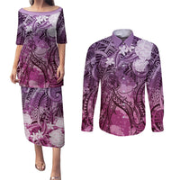 Pacific Beauty Girl Couples Matching Puletasi and Long Sleeve Button Shirt Pink Polyneisan Tribal Vintage Motif