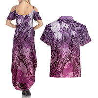 Pacific Beauty Girl Couples Matching Summer Maxi Dress and Hawaiian Shirt Pink Polyneisan Tribal Vintage Motif