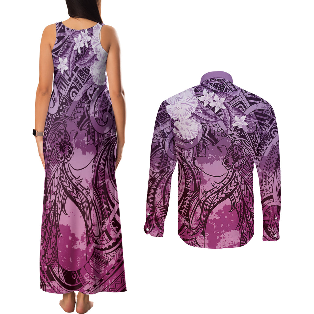 Pacific Beauty Girl Couples Matching Tank Maxi Dress and Long Sleeve Button Shirt Pink Polyneisan Tribal Vintage Motif