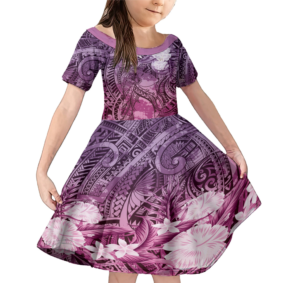 Pacific Beauty Girl Family Matching Mermaid Dress and Hawaiian Shirt Pink Polyneisan Tribal Vintage Motif