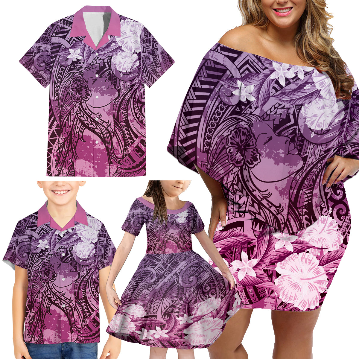 Pacific Beauty Girl Family Matching Off Shoulder Short Dress and Hawaiian Shirt Pink Polyneisan Tribal Vintage Motif