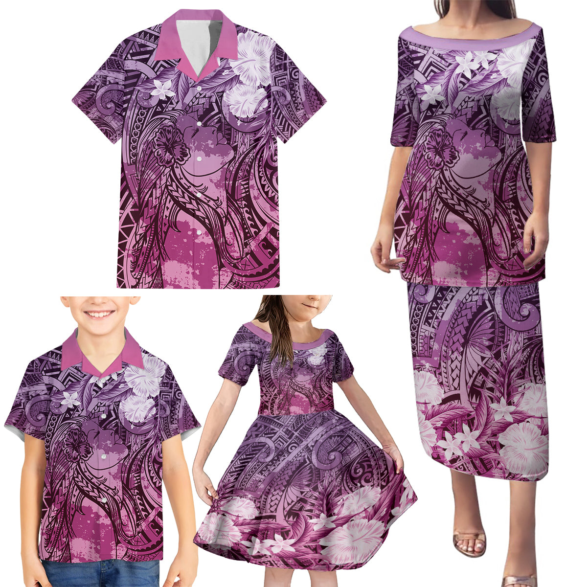 Pacific Beauty Girl Family Matching Puletasi and Hawaiian Shirt Pink Polyneisan Tribal Vintage Motif