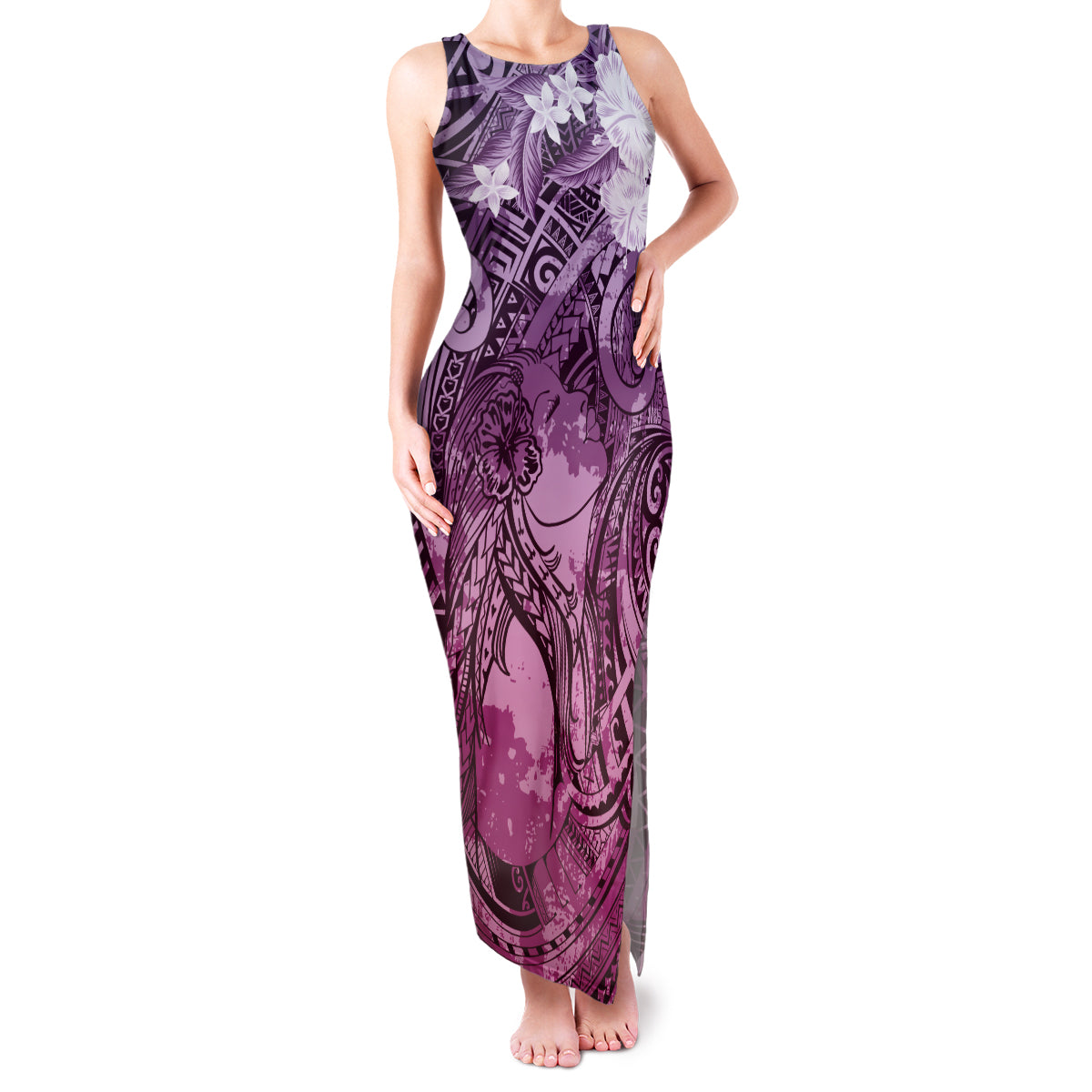 Pacific Beauty Girl Family Matching Tank Maxi Dress and Hawaiian Shirt Pink Polyneisan Tribal Vintage Motif