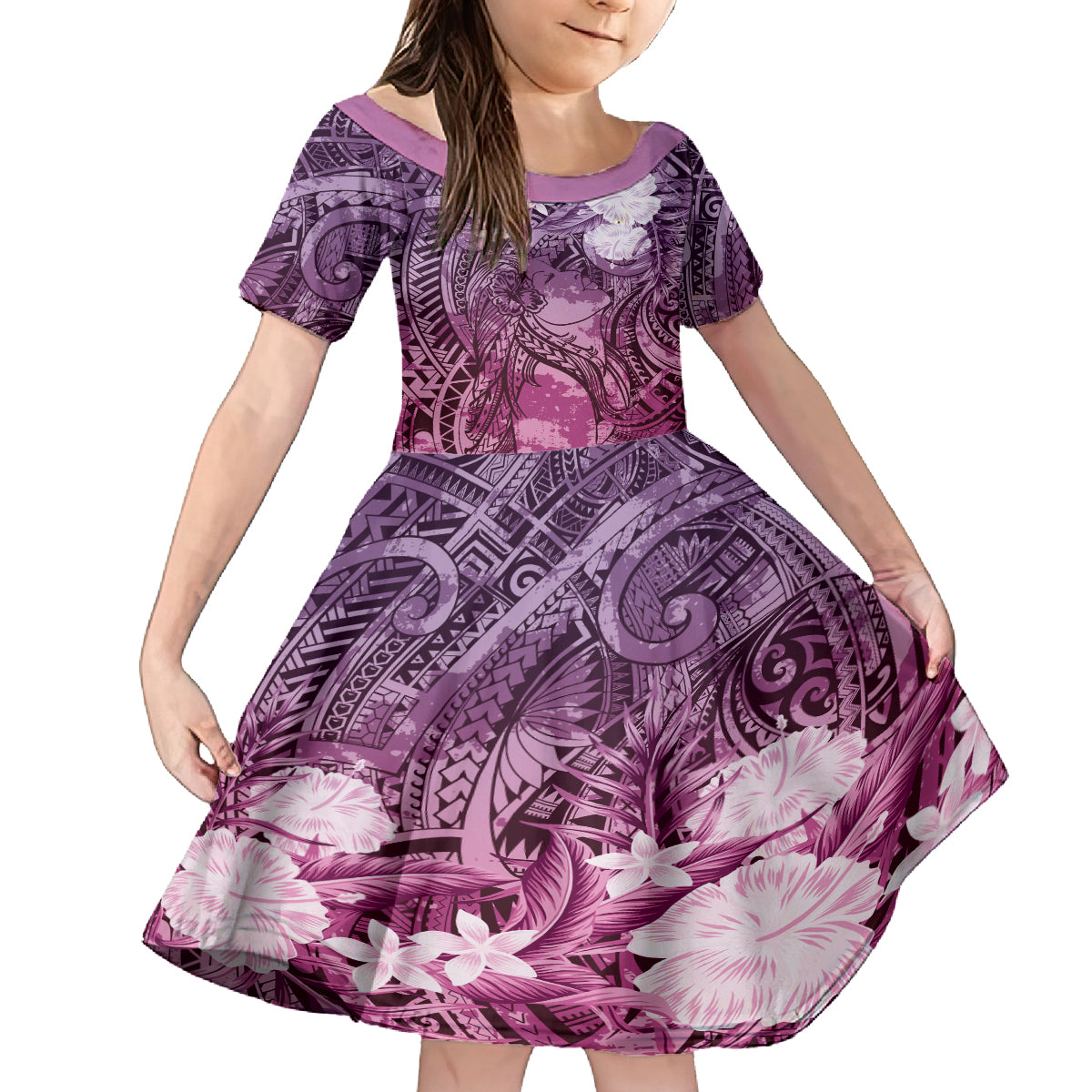 Pacific Beauty Girl Kid Short Sleeve Dress Pink Polyneisan Tribal Vintage Motif LT9 KID Pink - Polynesian Pride