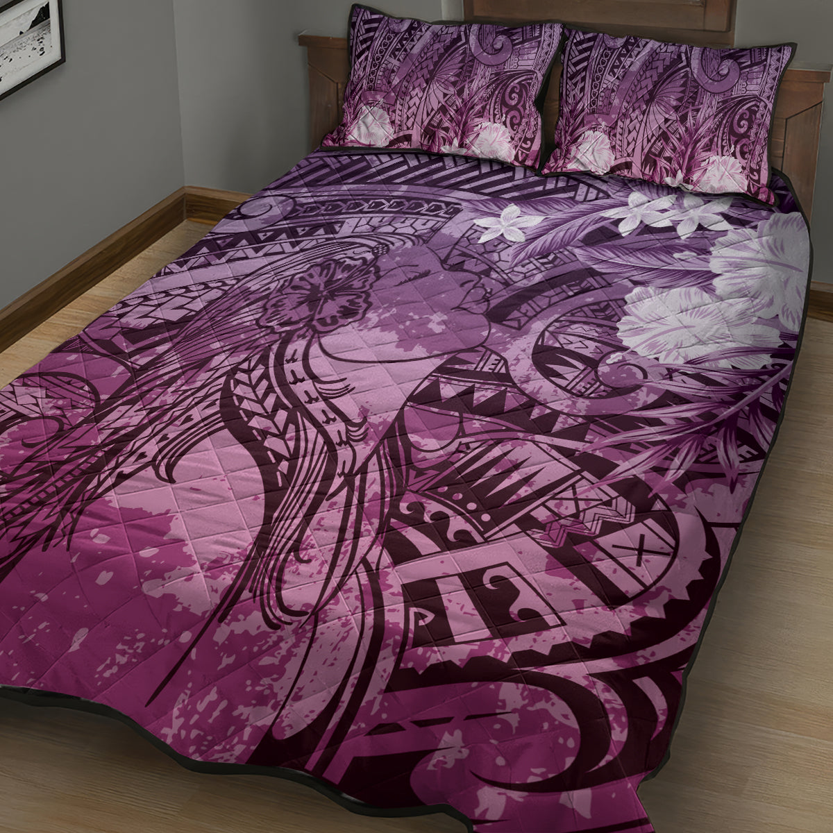 Pacific Beauty Girl Quilt Bed Set Pink Polyneisan Tribal Vintage Motif