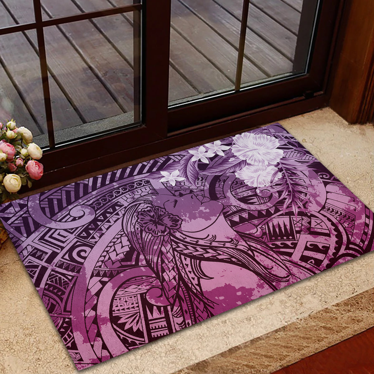 Pacific Beauty Girl Rubber Doormat Pink Polyneisan Tribal Vintage Motif