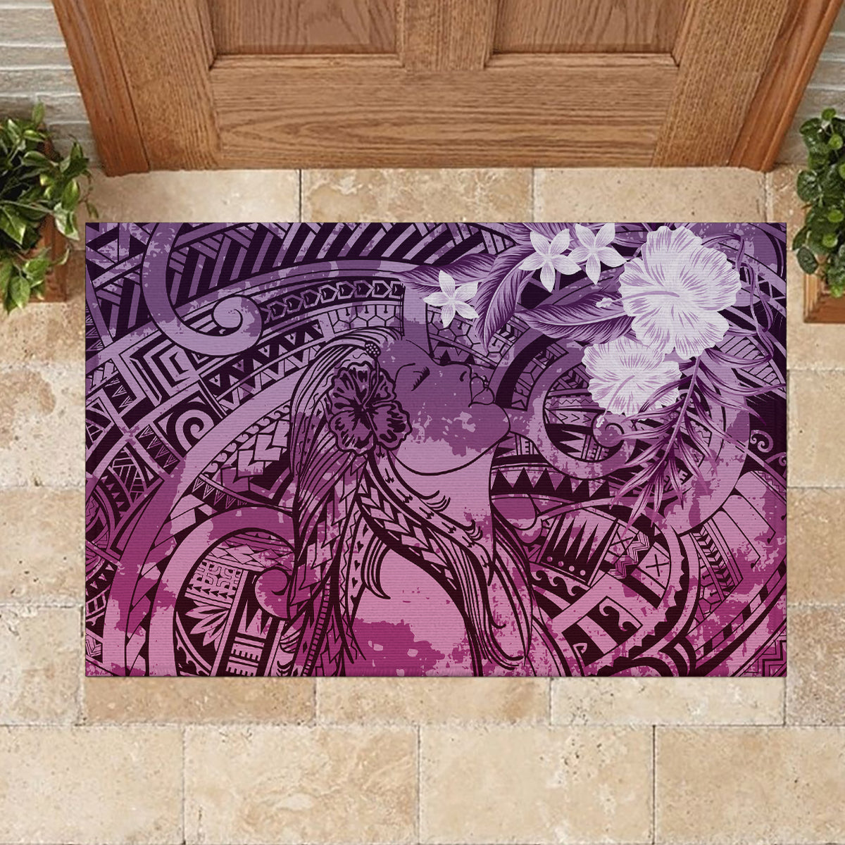 Pacific Beauty Girl Rubber Doormat Pink Polyneisan Tribal Vintage Motif