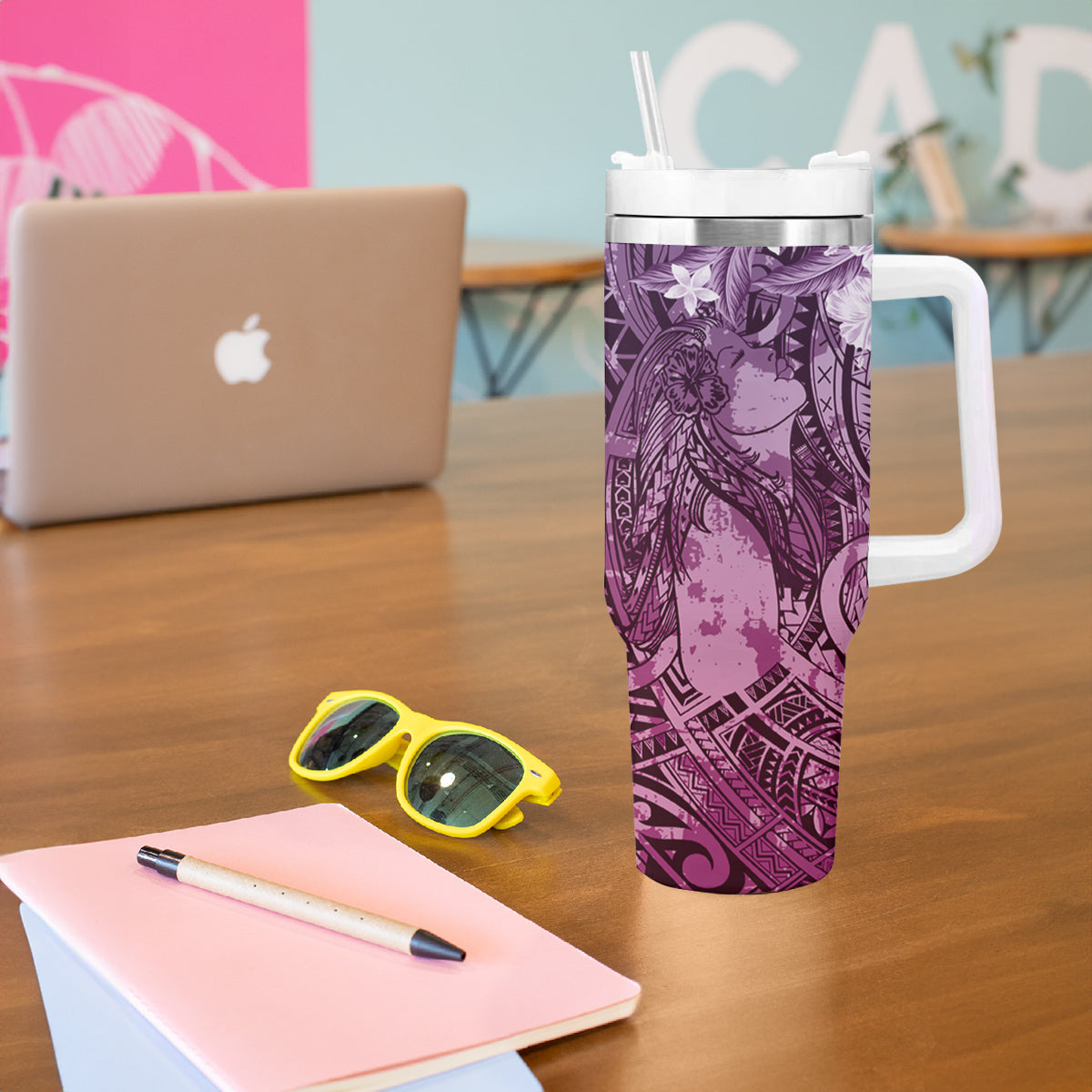 Pacific Beauty Girl Tumbler With Handle Pink Polyneisan Tribal Vintage Motif