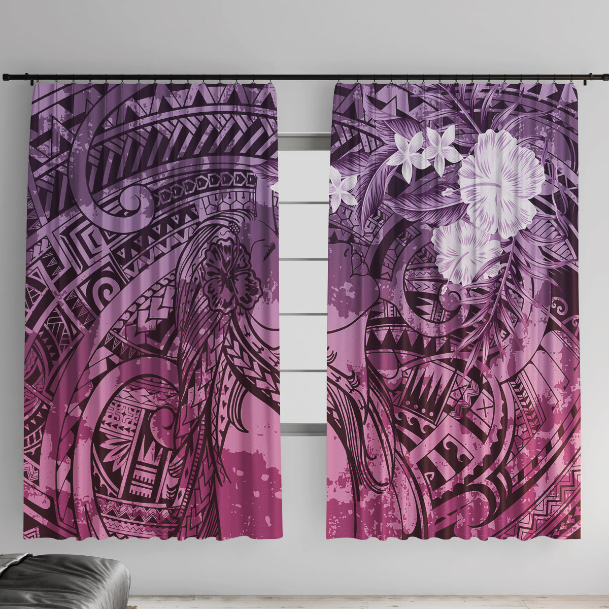 Pacific Beauty Girl Window Curtain Pink Polyneisan Tribal Vintage Motif LT9 With Hooks Pink - Polynesian Pride