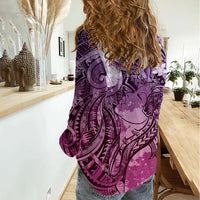 Pacific Beauty Girl Women Casual Shirt Pink Polyneisan Tribal Vintage Motif