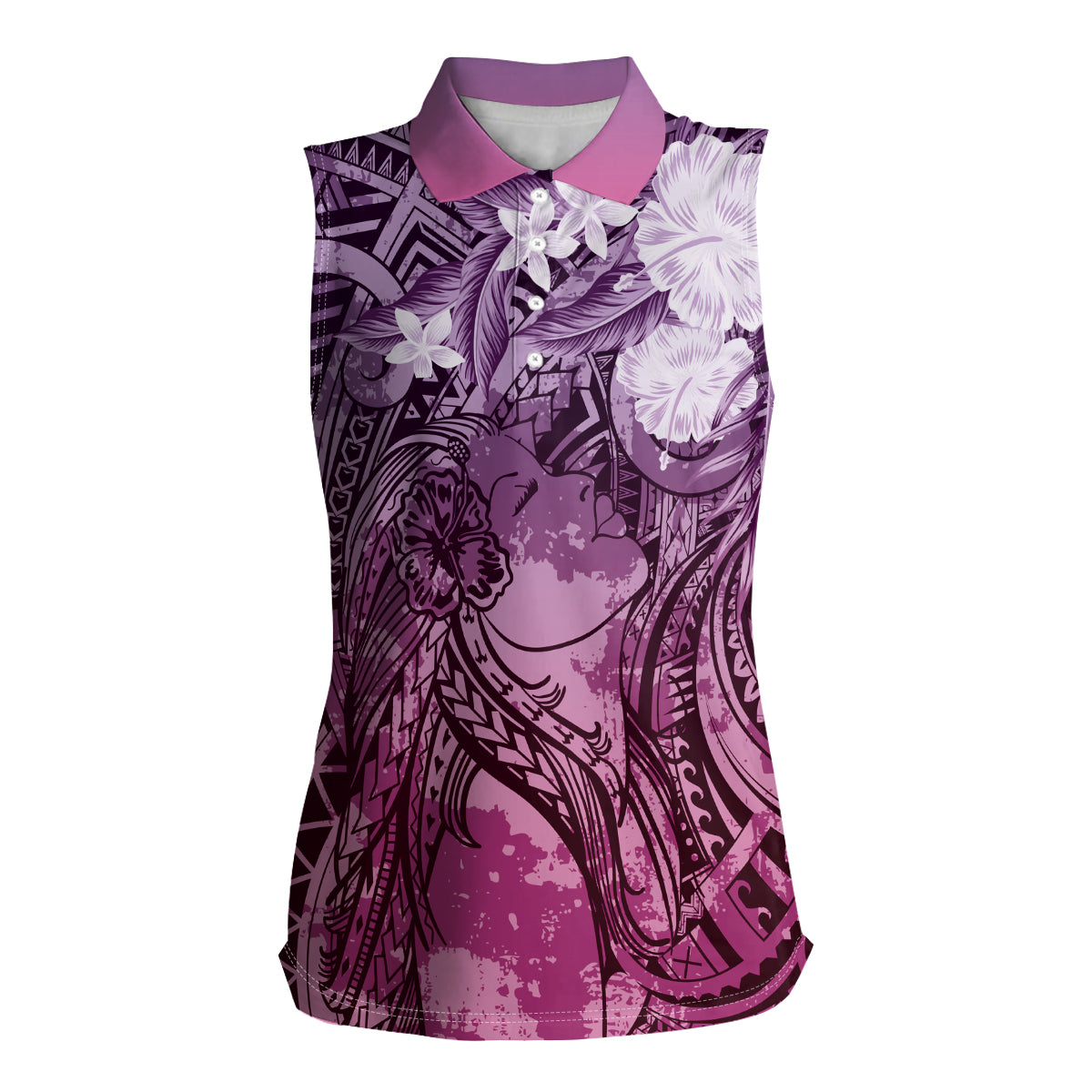 Pacific Beauty Girl Women Sleeveless Polo Shirt Pink Polyneisan Tribal Vintage Motif