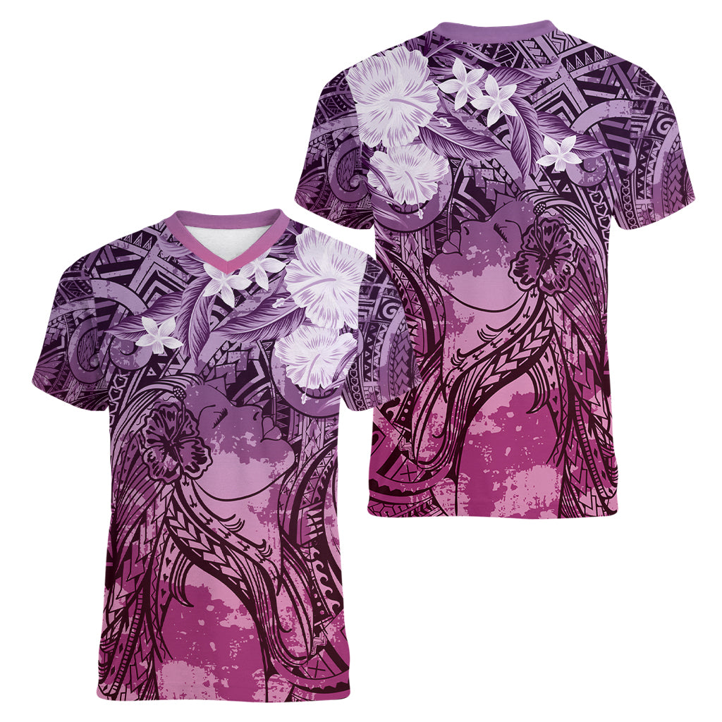 Pacific Beauty Girl Women V-Neck T-Shirt Pink Polyneisan Tribal Vintage Motif