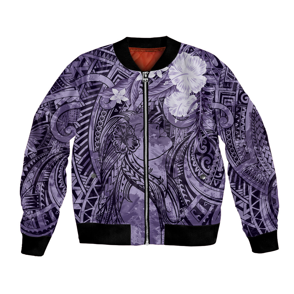 Pacific Beauty Girl Bomber Jacket Violet Polyneisan Tribal Vintage Motif