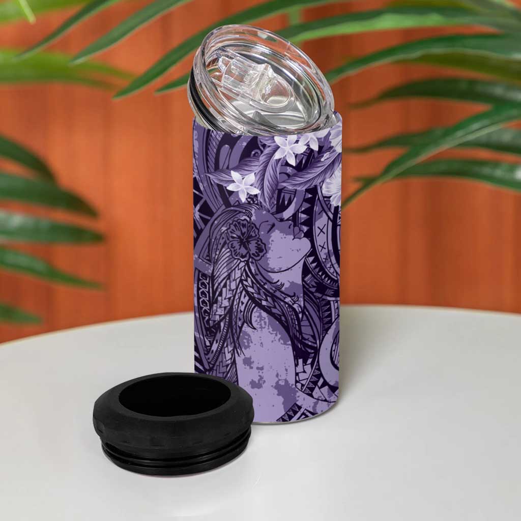 Pacific Beauty Girl 4 in 1 Can Cooler Tumbler Violet Polyneisan Tribal Vintage Motif