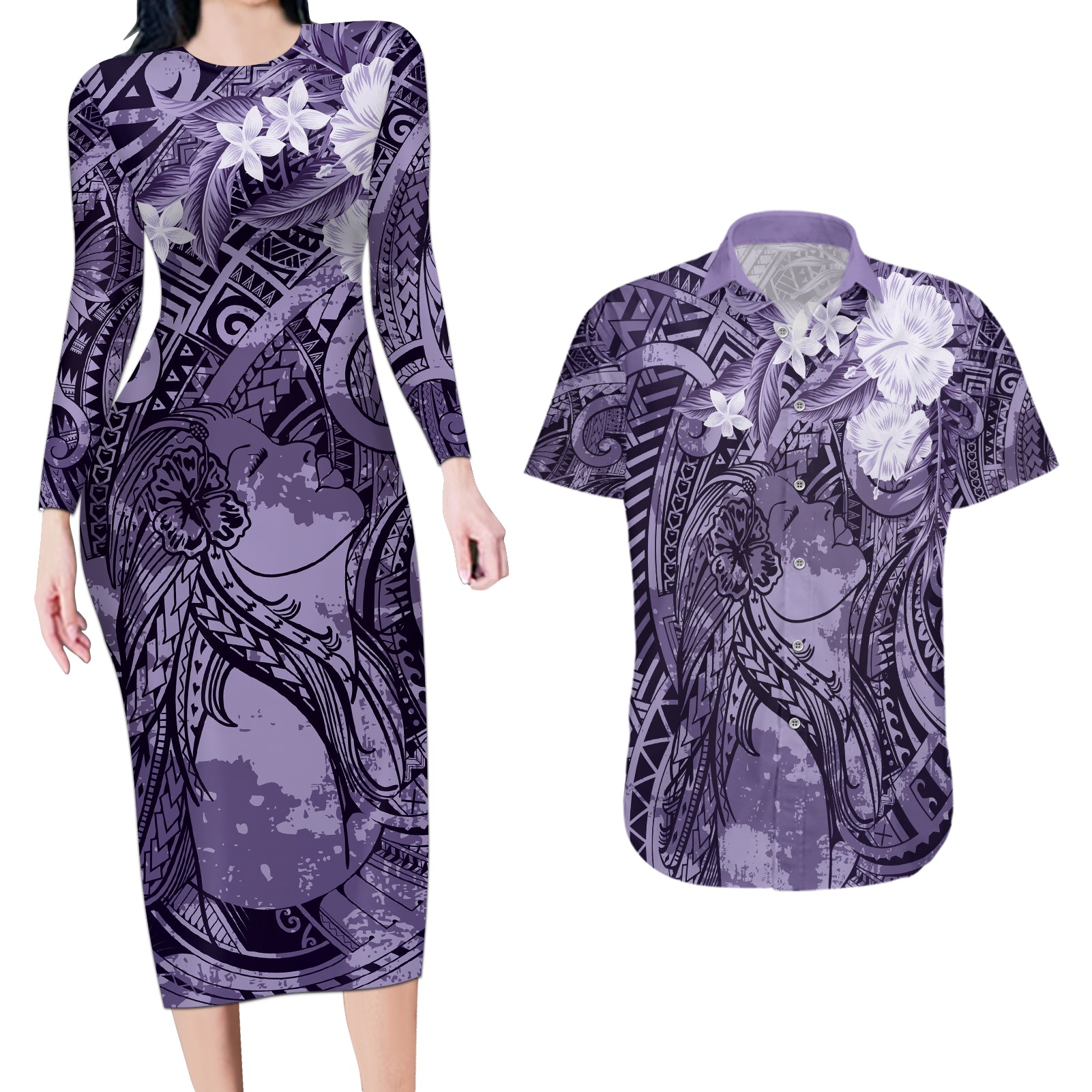 Pacific Beauty Girl Couples Matching Long Sleeve Bodycon Dress and Hawaiian Shirt Violet Polyneisan Tribal Vintage Motif