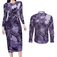 Pacific Beauty Girl Couples Matching Long Sleeve Bodycon Dress and Long Sleeve Button Shirt Violet Polyneisan Tribal Vintage Motif