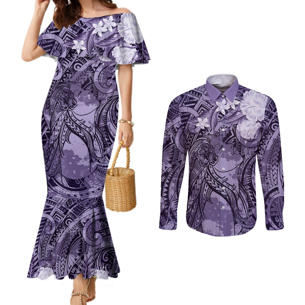 Pacific Beauty Girl Couples Matching Mermaid Dress and Long Sleeve Button Shirt Violet Polyneisan Tribal Vintage Motif