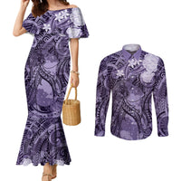 Pacific Beauty Girl Couples Matching Mermaid Dress and Long Sleeve Button Shirt Violet Polyneisan Tribal Vintage Motif