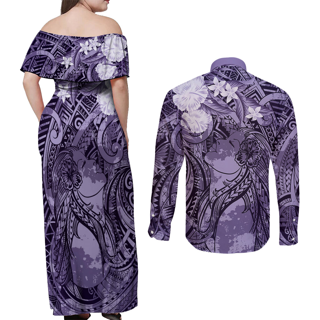 Pacific Beauty Girl Couples Matching Off Shoulder Maxi Dress and Long Sleeve Button Shirt Violet Polyneisan Tribal Vintage Motif