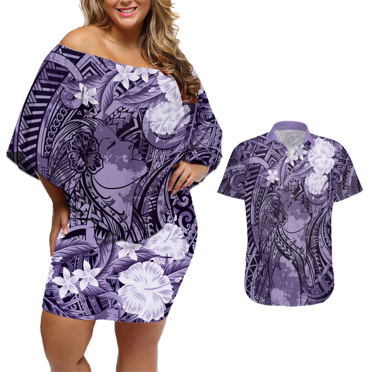 Pacific Beauty Girl Couples Matching Off Shoulder Short Dress and Hawaiian Shirt Violet Polyneisan Tribal Vintage Motif