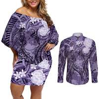 Pacific Beauty Girl Couples Matching Off Shoulder Short Dress and Long Sleeve Button Shirt Violet Polyneisan Tribal Vintage Motif