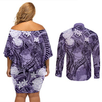 Pacific Beauty Girl Couples Matching Off Shoulder Short Dress and Long Sleeve Button Shirt Violet Polyneisan Tribal Vintage Motif