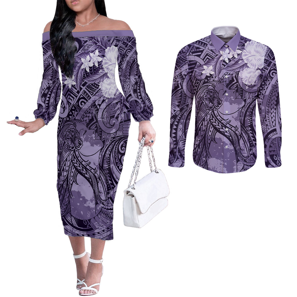 Pacific Beauty Girl Couples Matching Off The Shoulder Long Sleeve Dress and Long Sleeve Button Shirt Violet Polyneisan Tribal Vintage Motif