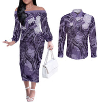 Pacific Beauty Girl Couples Matching Off The Shoulder Long Sleeve Dress and Long Sleeve Button Shirt Violet Polyneisan Tribal Vintage Motif