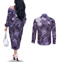 Pacific Beauty Girl Couples Matching Off The Shoulder Long Sleeve Dress and Long Sleeve Button Shirt Violet Polyneisan Tribal Vintage Motif