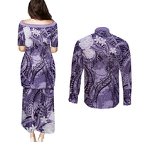 Pacific Beauty Girl Couples Matching Puletasi and Long Sleeve Button Shirt Violet Polyneisan Tribal Vintage Motif