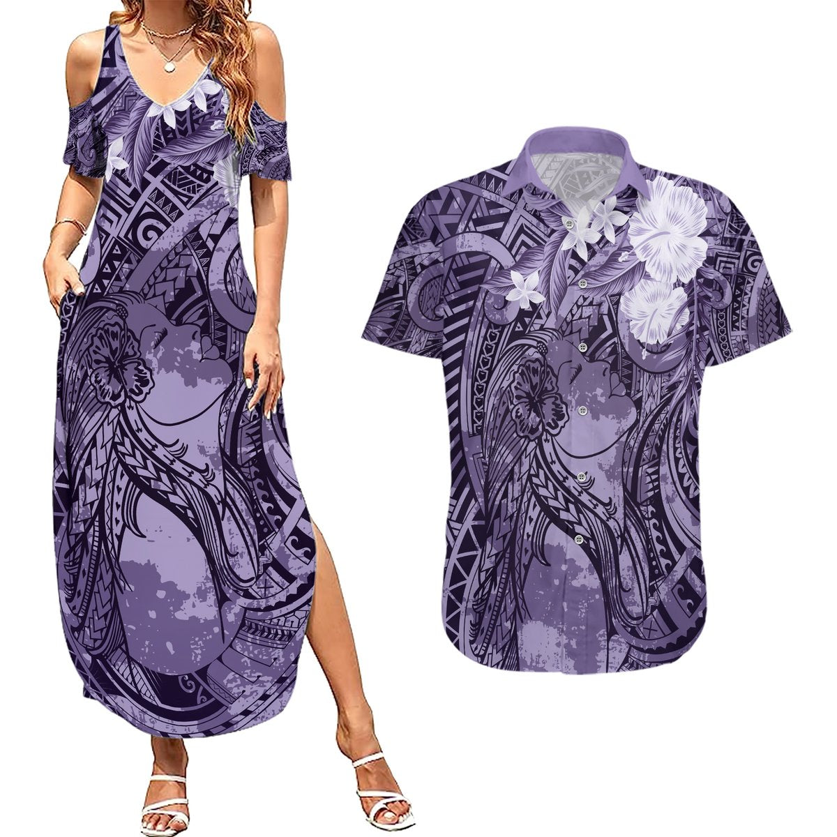Pacific Beauty Girl Couples Matching Summer Maxi Dress and Hawaiian Shirt Violet Polyneisan Tribal Vintage Motif