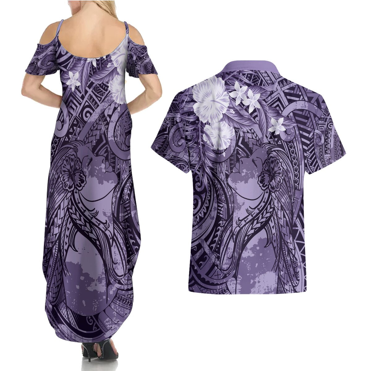 Pacific Beauty Girl Couples Matching Summer Maxi Dress and Hawaiian Shirt Violet Polyneisan Tribal Vintage Motif