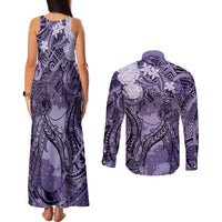 Pacific Beauty Girl Couples Matching Tank Maxi Dress and Long Sleeve Button Shirt Violet Polyneisan Tribal Vintage Motif