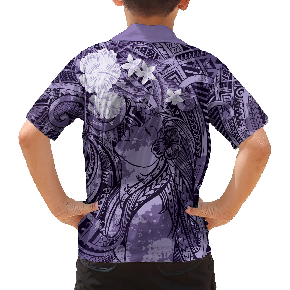 Pacific Beauty Girl Family Matching Off Shoulder Maxi Dress and Hawaiian Shirt Violet Polyneisan Tribal Vintage Motif