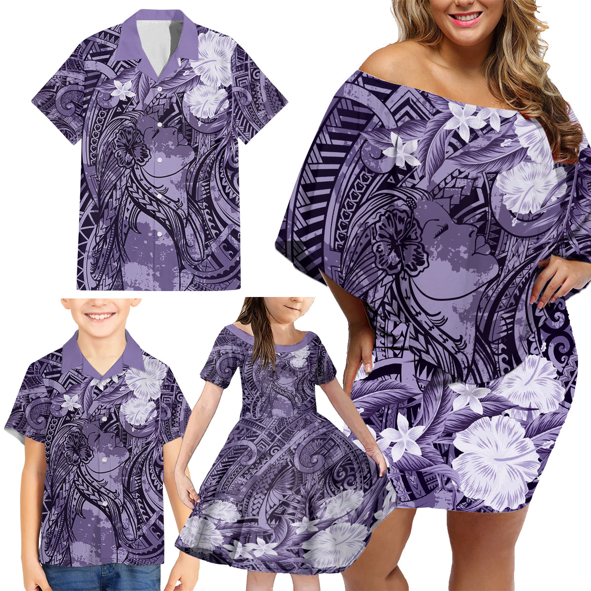 Pacific Beauty Girl Family Matching Off Shoulder Short Dress and Hawaiian Shirt Violet Polyneisan Tribal Vintage Motif