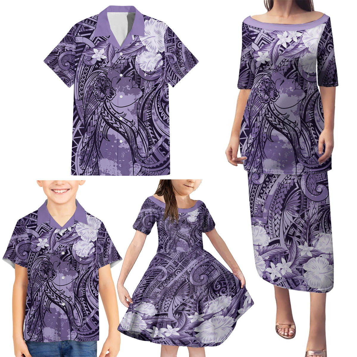 Pacific Beauty Girl Family Matching Puletasi and Hawaiian Shirt Violet Polyneisan Tribal Vintage Motif