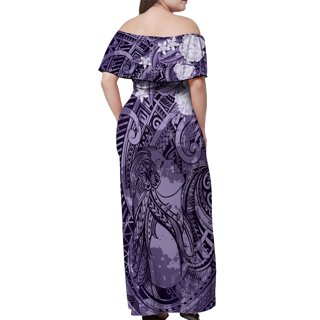 Pacific Beauty Girl Off Shoulder Maxi Dress Violet Polyneisan Tribal Vintage Motif