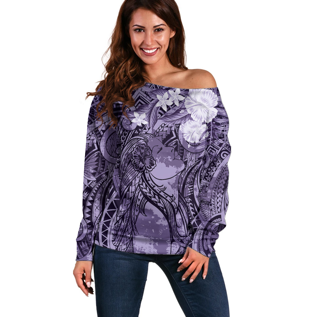 Pacific Beauty Girl Off Shoulder Sweater Violet Polyneisan Tribal Vintage Motif