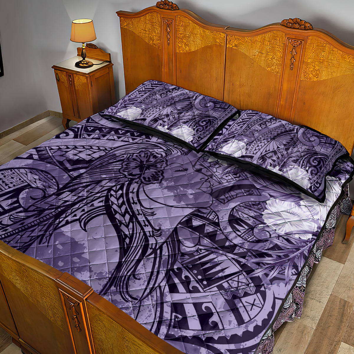Pacific Beauty Girl Quilt Bed Set Violet Polyneisan Tribal Vintage Motif