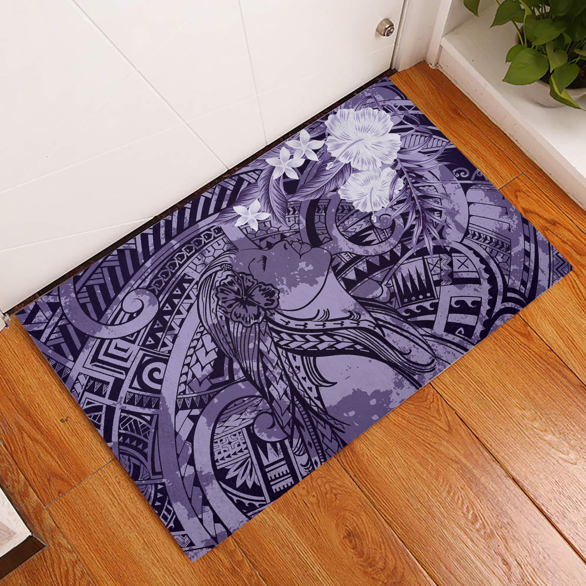 Pacific Beauty Girl Rubber Doormat Violet Polyneisan Tribal Vintage Motif
