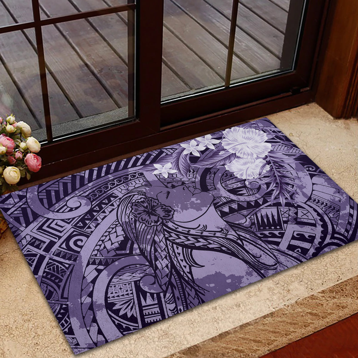 Pacific Beauty Girl Rubber Doormat Violet Polyneisan Tribal Vintage Motif