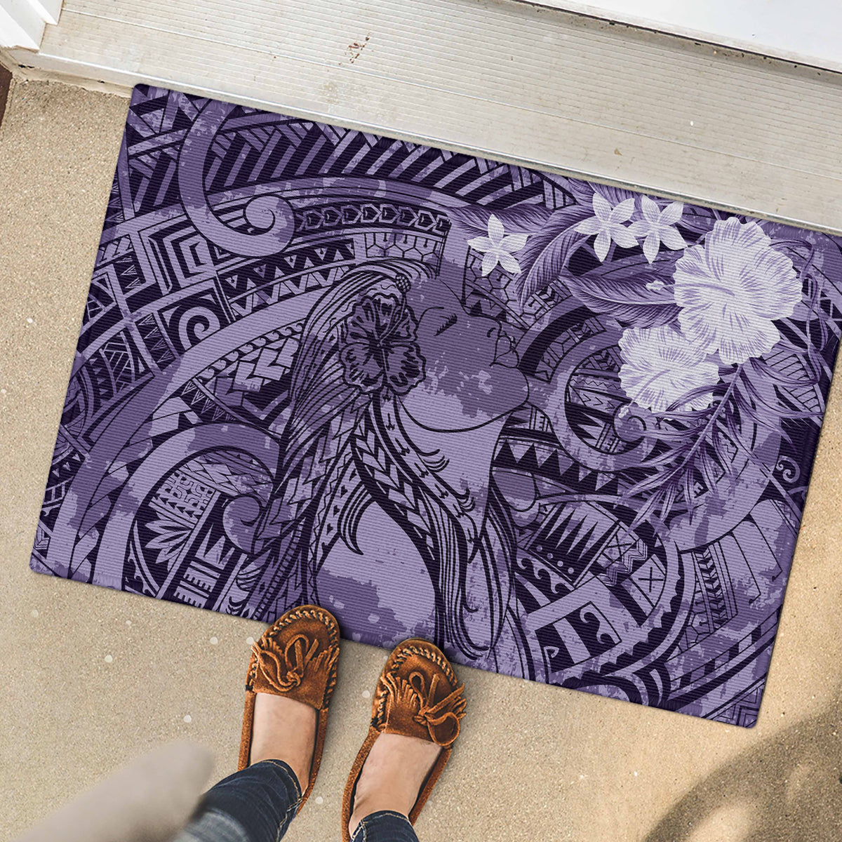 Pacific Beauty Girl Rubber Doormat Violet Polyneisan Tribal Vintage Motif